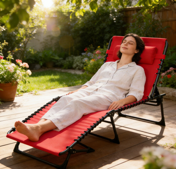 Simenmax Outdoor Folding Lounge Chair - Portable Recliner with Adjustable Backrest, 300lb Capacity, Stackable Design for Patio, Lawn, Beach - Red