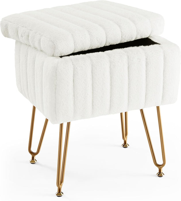 Sybels Storage Vanity Stool with Plush Faux Fur, Adjustable Anti-Slip Makeup Ottoman Bench，White