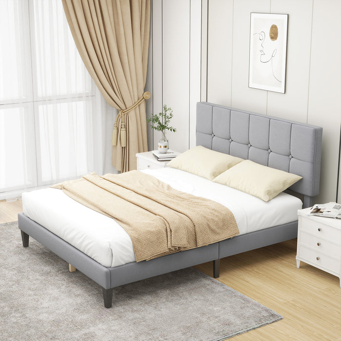 Full Upholstered Platform Bed Frame with Linen Headboard Wood Slat, Gray