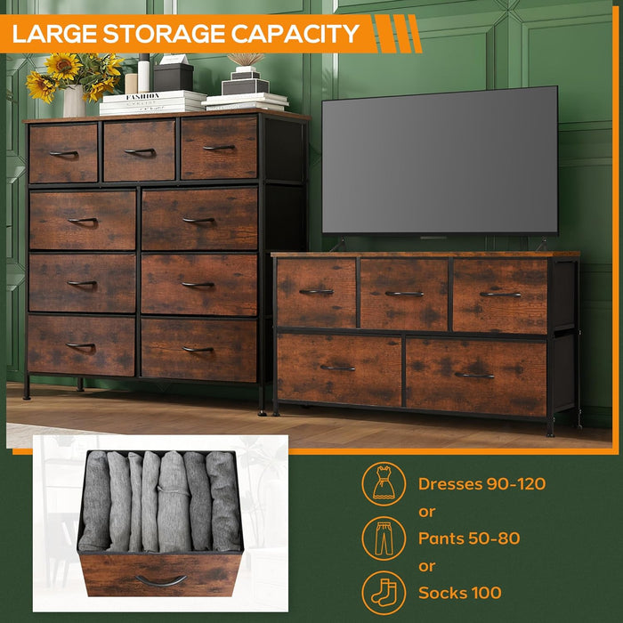 Bigleap 9 Drawer Dresser, Wide Chest Of Drawers Nightstand Storage Tower Storage Dresser Fabric Dresser With Wood Top for Living Room, Bedroom, Hallway, Nursery, Rust