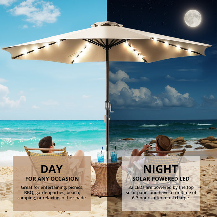 Betcozy Patio Umbrella with 32 LED Lights, 10FT Outdoor Solar Umbrellas with Push Button Tilt and Crank, 8 ribs, for Market, Beach, Pool,Garden, Deck, Khaki