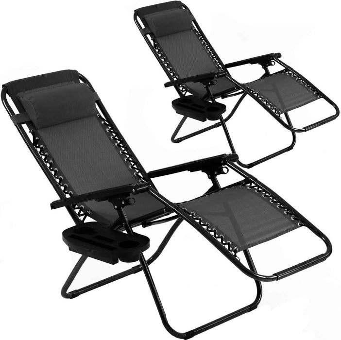 Bigleap Zero Gravity Chairs, Set of 2 Portable Recliner Beach Camping Patio Outdoor Folding Lounge Chair with Cup Holder Trays and Adjustable Pillow for Poolside, Garden, Backyard, Lawn , Black