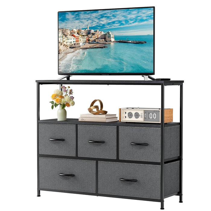 Sybels Modern TV Console with 5 Fabric Drawers for 45" TVs, Media Stand with Open Display Shelf, Minimalist Entertainment Center for Living Room & Bedroom, Gray