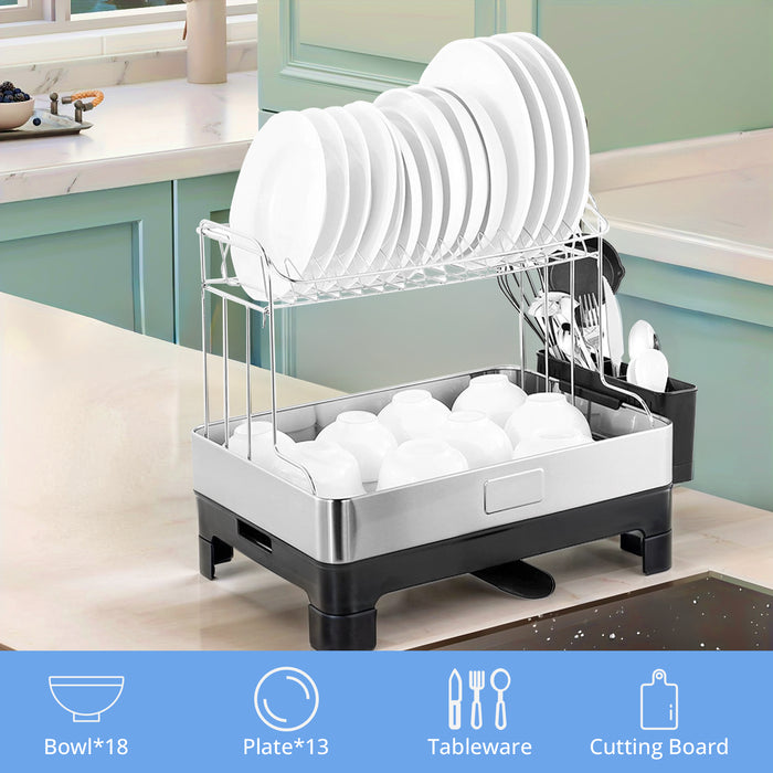 2-Tier Stainless Steel Dish Drying Rack, Extra Large Capacity Dish Rack and Drainboard Set with Cutlery Holder for Kitchen Counter
