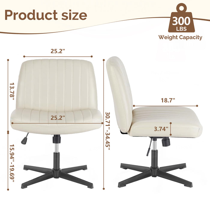 TINKLE WELL Criss-Cross Legged Armless Chair with Wide Seat, Height-adjustable tilt and swivel, and Soft Leather for Home Office, Bedroom, Study Room, and Student Desk Seating