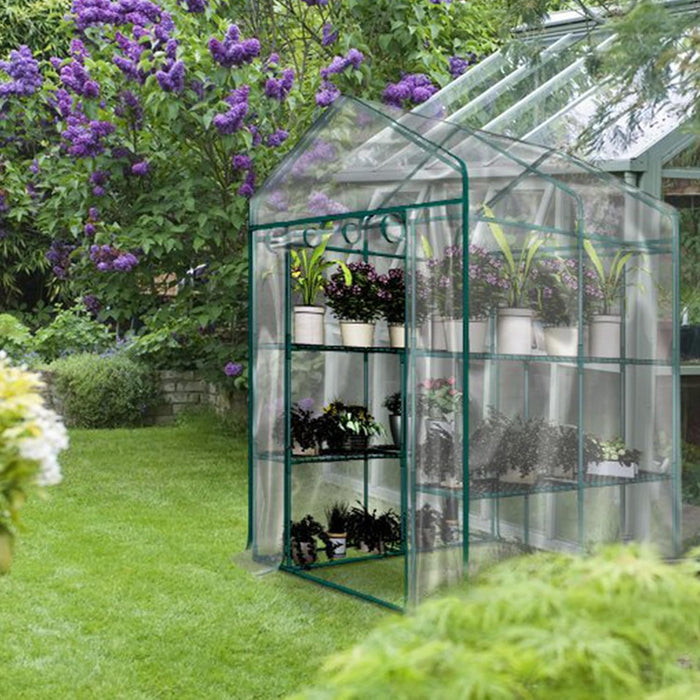 Simenmax 56'' Walk-In Greenhouse, Garden House with Roll-Up Door & Sturdy Shelves, Season Extension for Herbs, Vegetables, Seedlings,Clear