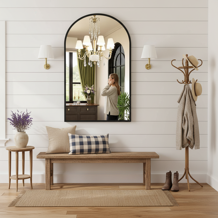 Beddle Arch Wall Mirror, Black Aluminum Alloy Framed Mirror for Bathroom, Living Room, Bedroom, Hallway