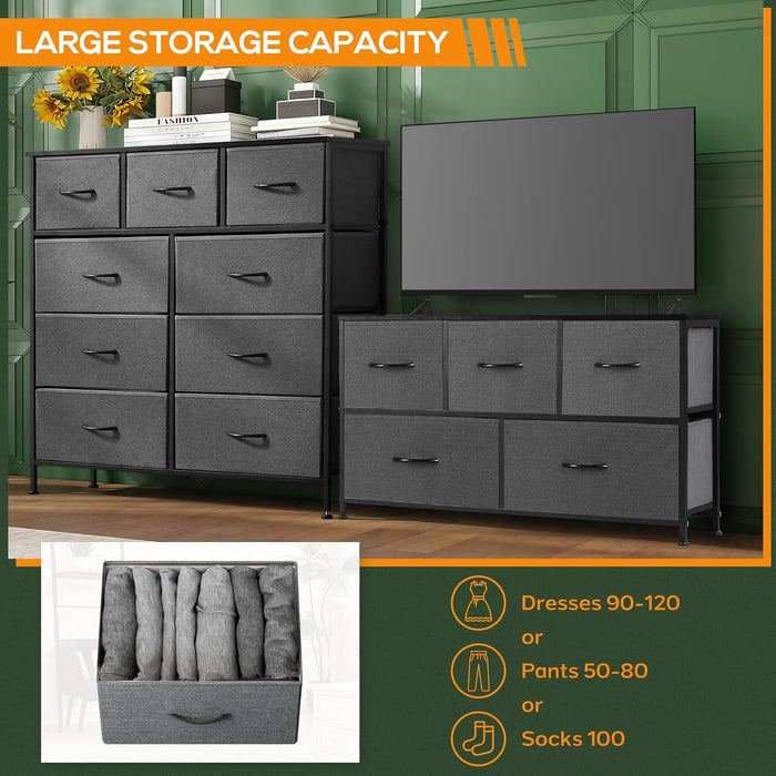 Bigleap 9 Drawer Dresser, Wide Chest Of Drawers Nightstand Storage Tower Storage Dresser Fabric Dresser With Wood Top for Living Room, Bedroom, Hallway, Nursery, Grey