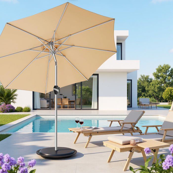 Simenmax 9FT Patio Umbrella with Push Button Tilt and Crank, Outdoor Table Umbrella with 8 Sturdy Ribs, Market Table Parasol for Garden, Lawn, Backyard & Pool, Beige