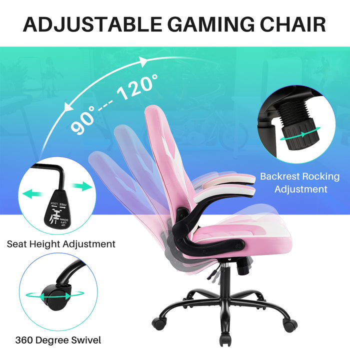 Simenmax Gaming Chair, Ergonomic Office Leather Racing Chair with Flip-up Armrest, White Pink