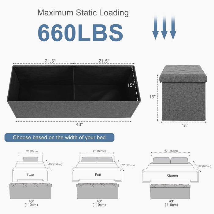 【Foldable Design】Sybels 43 in Storage Ottoman Bench, Padded Seat Foot Rest Stool, End of Bed Storage Chest for Bedroom & Living Room, 660lbs Capacity, Gray