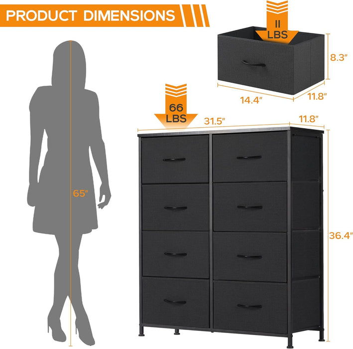Bigleap 8 Drawer Dresser, Tall Chest Of Drawers Nightstand Storage Tower Storage Dresser Fabric Dresser With Wood Top for Living Room, Bedroom, Hallway, Nursery, Black