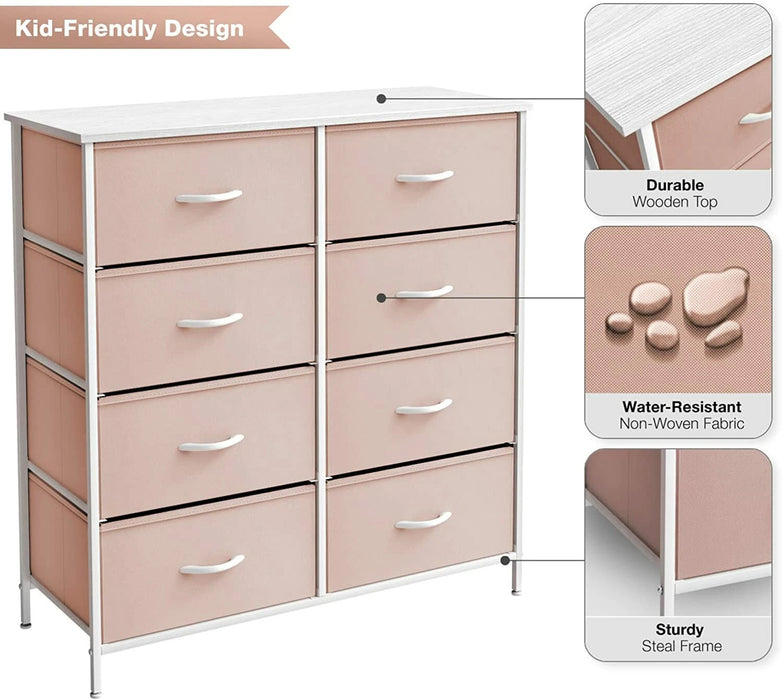 Simenmax 8 Drawer Dresser for Bedroom Fabric Dresser Chest of Closets Storage Units Organizer Tower Wooden Top Shelf for Bedroom, Hallway, Entryway, Closet,Pink