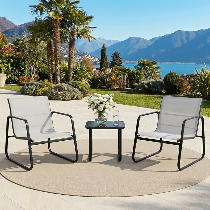 Bigleap 3-Piece Outdoor Rocking Set with Textilene Chairs & Glass Table – Patio, Garden, Poolside Conversation Set, Gray