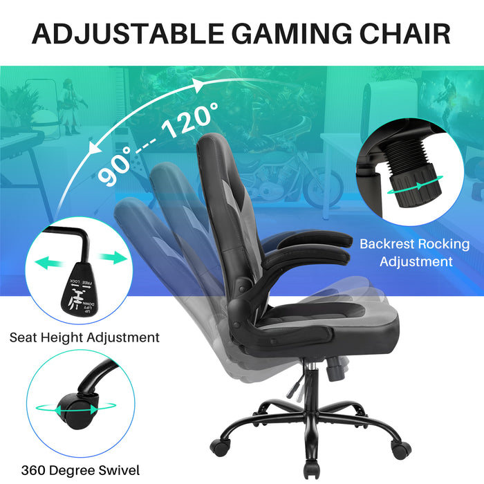 Simenmax Gaming Chair, Ergonomic Office Leather Racing Chair with Flip-up Armrest, Black Gray