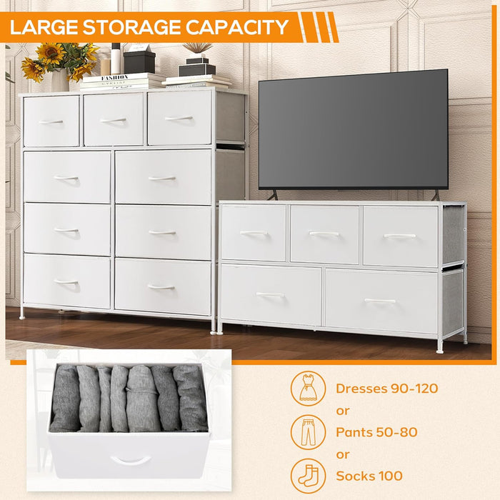 Bigleap 9 Drawer Dresser, Wide Chest Of Drawers Nightstand Storage Tower Storage Dresser Fabric Dresser With Wood Top for Living Room, Bedroom, Hallway, Nursery, White