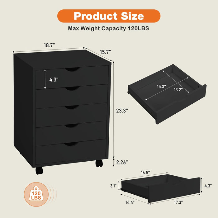 TINKLE WELL 5 Drawer Wooden Rolling File Cabinet, Mobile Compact Storage Dresser for Home Office Organization