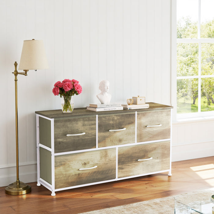 Bigleap 5 Drawers Dresser for Bedroom, Wide Dressers with Drawer Organizers, Chest of Drawers, Fabric Dresser for Living Room, Closet, Hallway,Oak