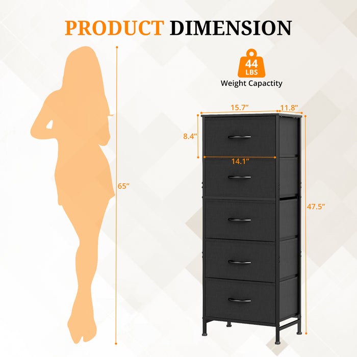 Bigleap 5-Drawer Dresser，5 Drawer Nightstand with Wood Top & Fabric Bins - Slim Storage Cabinet for Bedroom, Closet, Living Room,Black