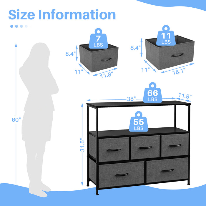 Bigleap TV Stand for Bedroom, TV Dresser for 45 inches, Media Console Table, Entertainment Center with 5 Fabric Drawers Cabinet and Open Storage Shelf Furniture Cabinet for Living Room, Gray