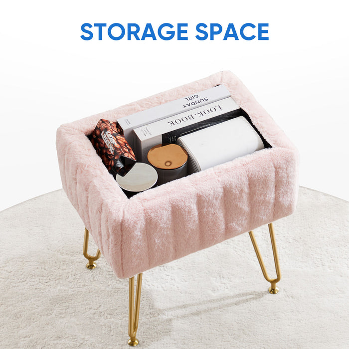 Simenmax Vanity Stool Chair with Storage, Ottoman Faux Fur Soft Padded Makeup Footstools Seat with 4 Metal Legs Anti-Slip Adjustable Feet Modern Cute Small Footrest for Home Entryway Bedroom,Pink