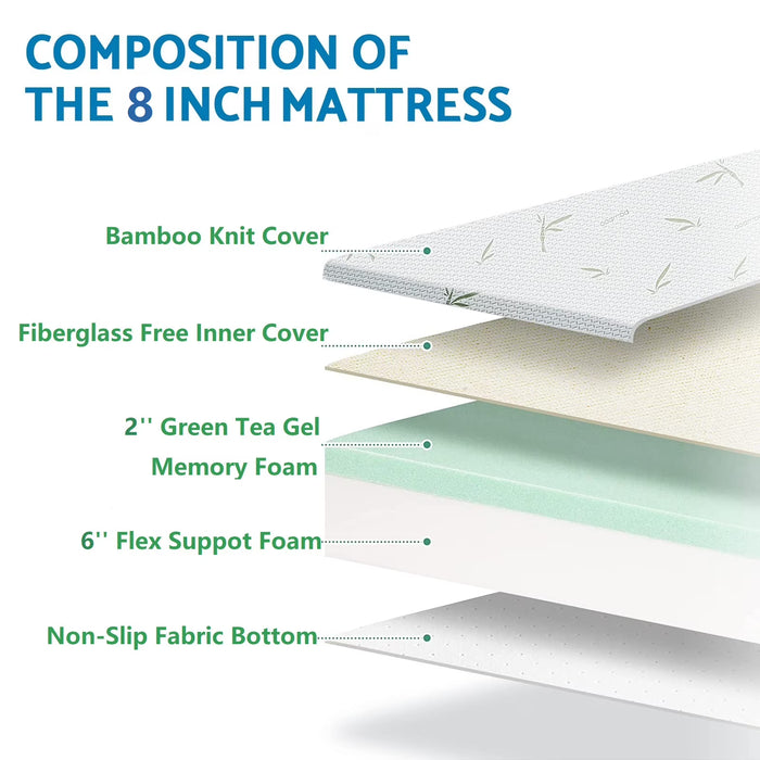 Twin Mattress, 8 inch Memory Foam Mattress Bed in a box, with Green Tea Cooling Gel, Medium