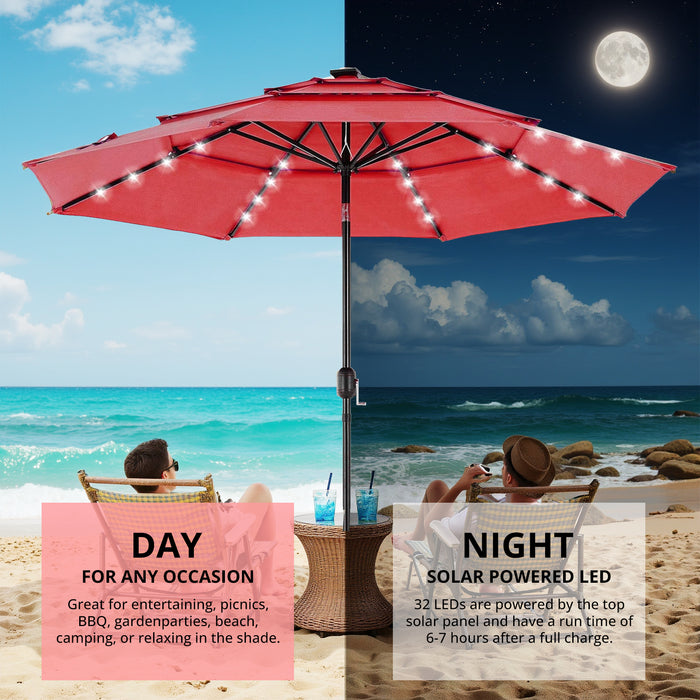 Betcozy 3-Tier Patio Umbrella, 9.2FT Vented Market Table Umbrella with Solar 32 LED Lights, Tilt Adjustment, for Garden, Deck, Backyard, Pool and Beach