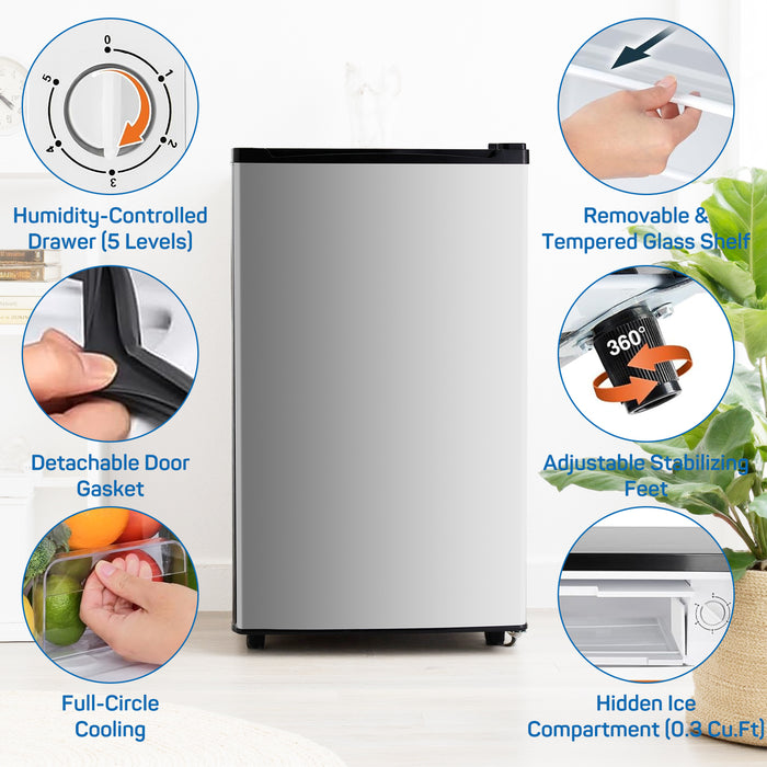 Sybels 3.2 Cu.Ft Mini Fridge with Freezer, Compact Single Door, Adjustable Thermostat & Low Noise, Perfect for Bedroom, Dorm, Office, Silver