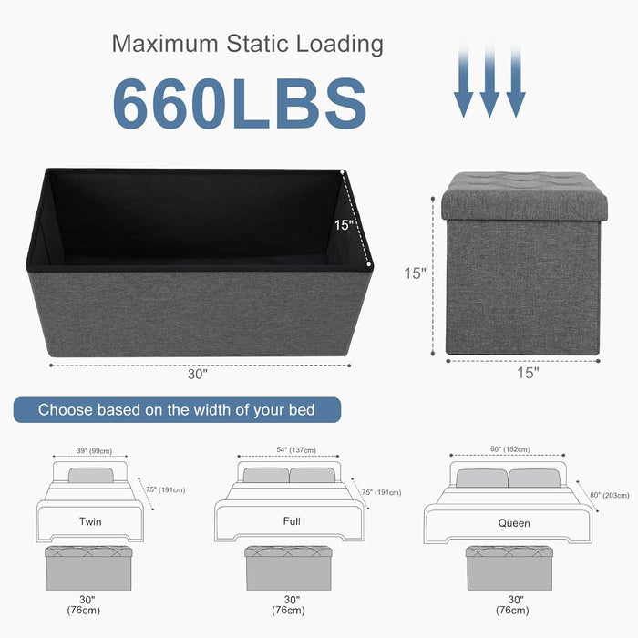 Bigleap 30 Inches Folding Storage Ottoman Bench, Large End of Bed Storage Foot Rest Stools Ottoman Storage Chest with Padded Seat for Bedroom, Living Room, Entryway, Holds up to 660 lb, Grey