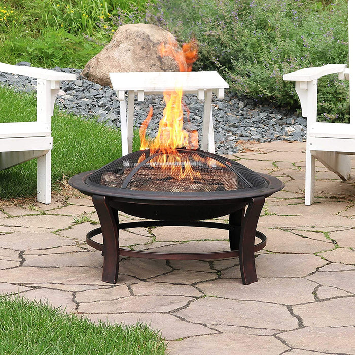 Yangming 30" Portable Outdoor Fire Pit, Small Wood Burning Fire Pit Camping BBQ Grill with Screen Cover