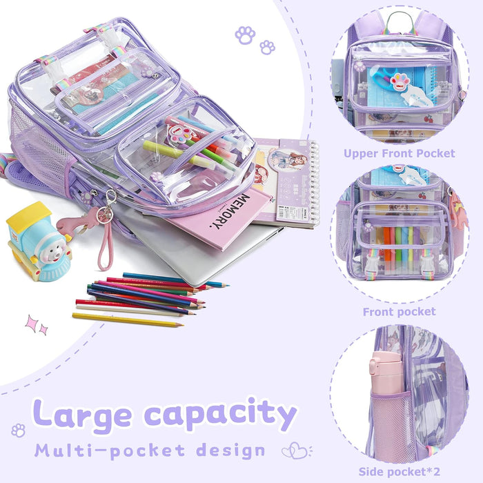 Clear Backpack for Girls, Cute Transparent Heavy Duty Stadium Approved PVC Kids School Book Bags With Free Pendant As Gift, Purple