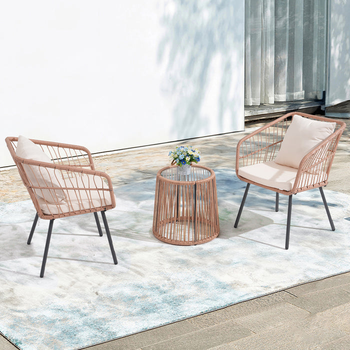 3 Piece Outdoor Wicker Furniture Patio Bistro Set, Rattan Conversation Set with 2 Wicker Patio Chairs, Coffee Table and Cushion, Patio Furniture for Porch, Backyard, Balcony
