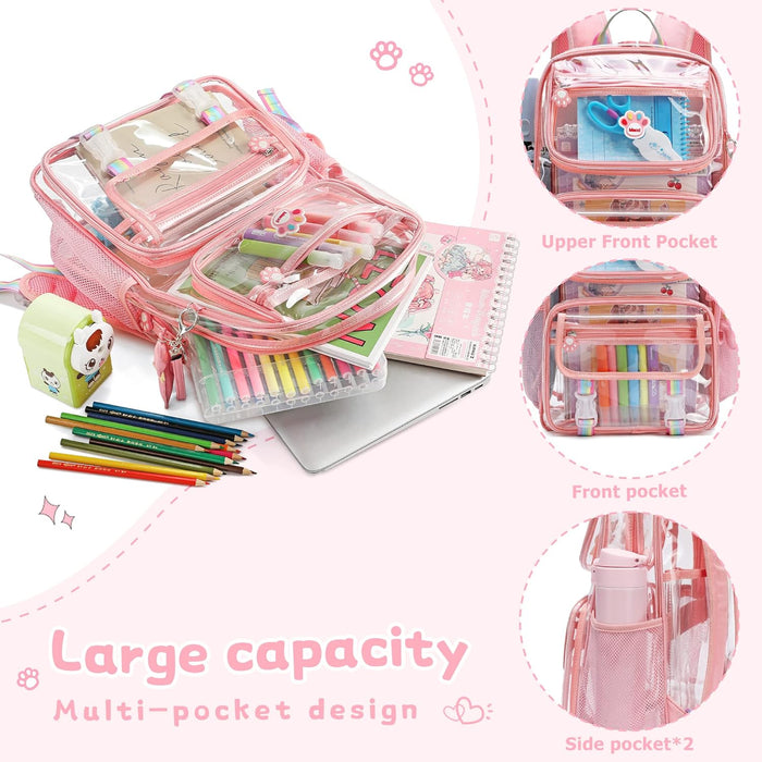 Clear Backpack for Girls, Cute Transparent Heavy Duty Stadium Approved PVC Kids Schoolbag Book Bags With Free Pendant As Gift, Pink