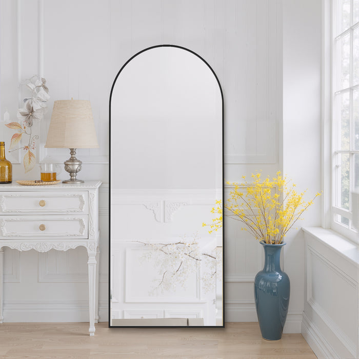 Simenmax 64''x21'' Arched Full Length Mirror with Stand, Aluminum Frame Floor Mirror for Cloakroom, Hallway, Black
