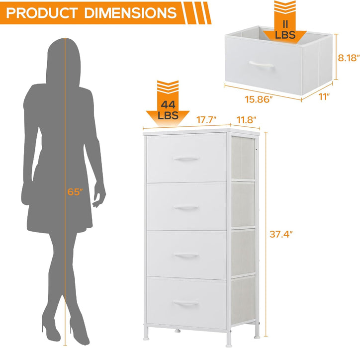Bigleap 4 Drawer Dresser, Tall Chest Of Drawers Nightstand Storage Tower Storage Dresser Fabric Dresser With Wood Top for Living Room, Bedroom, Hallway, Nursery, White
