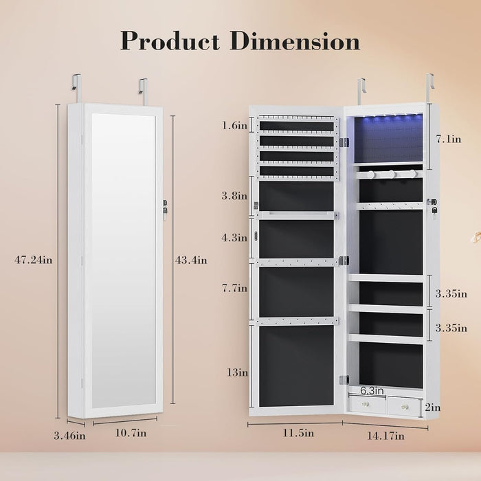Blorly Jewelry Cabinet Organizer with Mirror, Wall or Door Mounted Jewelry Storage, 47.2 Inch Large Capacity Armoire with 6 LEDs Secure Lock, White