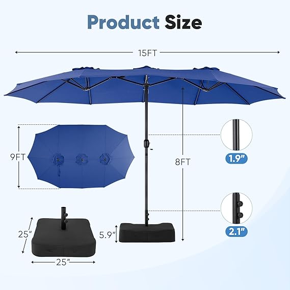 Sybels 15ft Large Rectangle Patio Umbrella with Base, Outdoor Sun Shade for Deck, Backyard, Market, Blue