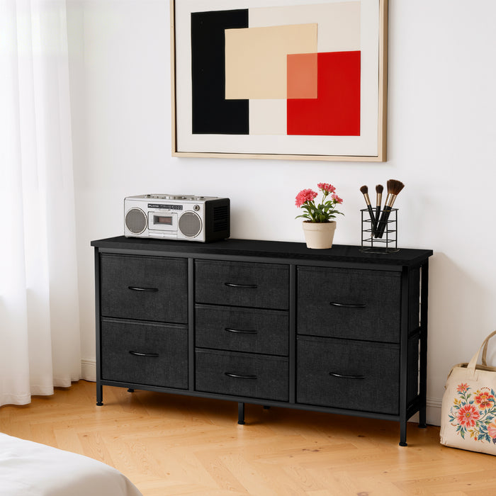 Bigleap 7-Drawer Fabric TV Stand with Wood Shelf - Versatile Media Console Dresser for Bedroom, Living Room & Small Spaces, Holds up to 50" TV, Black