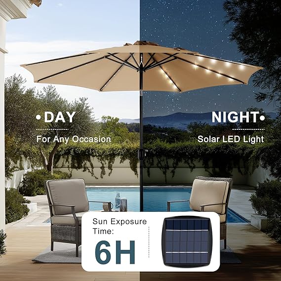 Sybels 10FT Outdoor LED Patio Umbrella, Push Button Tilt & Easy Crank for Pool, Beach, Restaurant, Khaki
