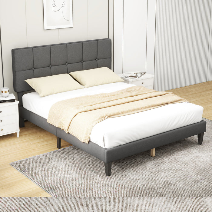 Queen Upholstered Platform Bed Frame with Linen Headboard Wood Slat, Dark Gray