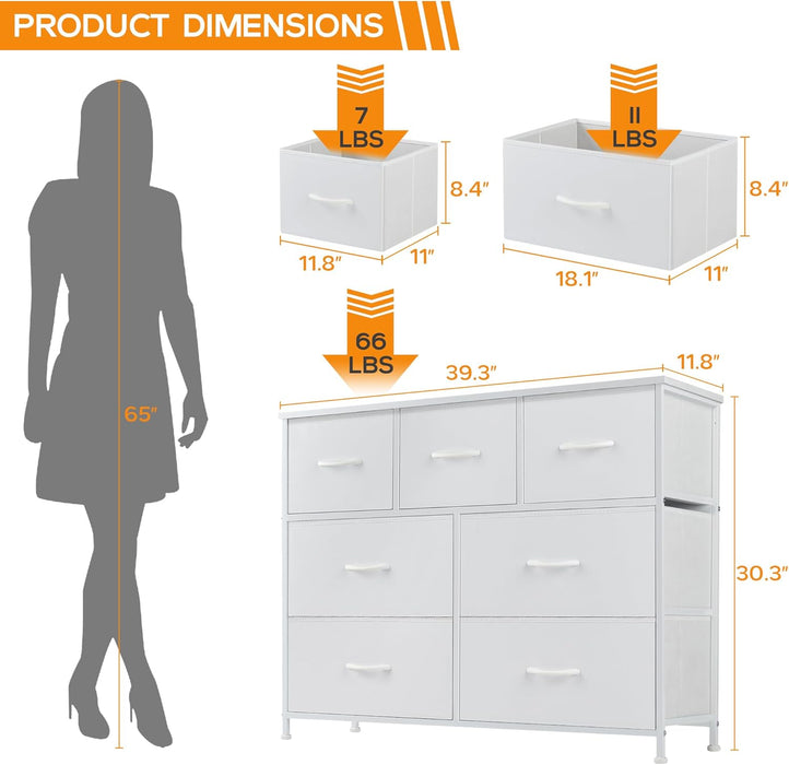 Bigleap 7 Drawer Dresser, Wide Chest Of Drawers Nightstand Storage Tower Storage Dresser Fabric Dresser With Wood Top for Living Room, Bedroom, Hallway, Nursery, White