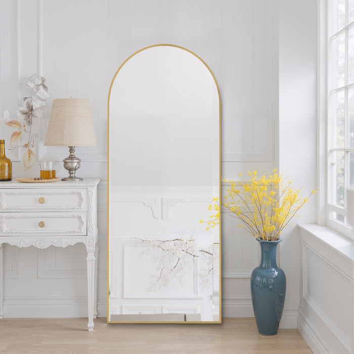 Simenmax 64''x21'' Arched Full Length Mirror with Stand, Aluminum Frame Floor Mirror for Cloakroom, Hallway, Gold