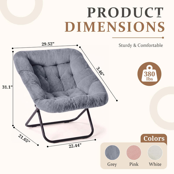 Comfy Saucer Chair, Folding Cozy Faux Fur Accent Seat with Thick Padded and Metal Frame, Single Leisure Chair for Living Room Bedroom