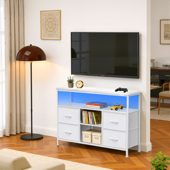 Bigleap Smart LED TV Stand with Charging Station & 4 Drawers – Fits 50 Inch TV, Adjustable Feet, Modern Media Console for Living Room & Bedroom, White