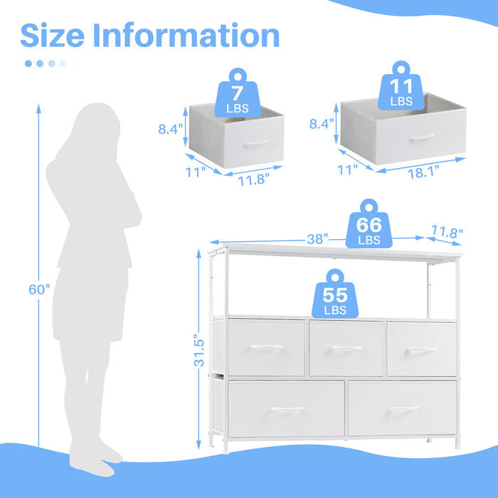 Bigleap TV Stand for Bedroom, TV Dresser for 45 inches, Media Console Table, Entertainment Center with 5 Fabric Drawers Cabinet and Open Storage Shelf Furniture Cabinet for Living Room, White