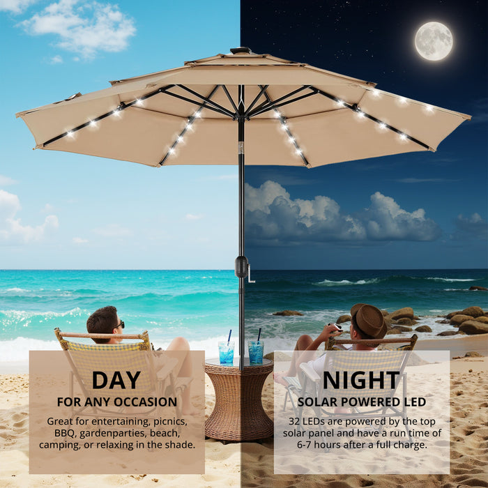 Betcozy 3-Tier Patio Umbrella, 9.2FT Vented Market Table Umbrella with Solar 32 LED Lights, Tilt Adjustment, for Garden, Deck, Backyard, Pool and Beach