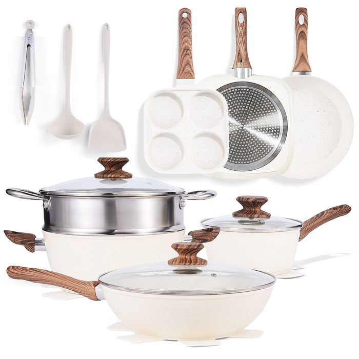 Sybels 17-Piece Nonstick Pots and Pans Set for Healthy Cooking, Non-Toxic & Oven Safe with Stay-Cool Handles, Works on All Stoves, Beige