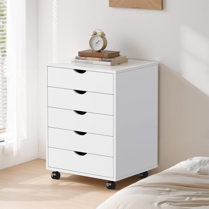 Simenmax 5 Drawer Chest Mobile Storage Cabinets Wooden Dresser with Wheels Room Organization Furniture for Office, White