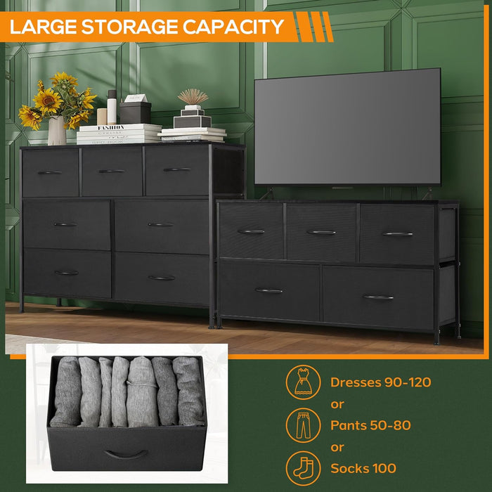 Bigleap 7 Drawer Dresser, Wide Chest Of Drawers Nightstand Storage Tower Storage Dresser Fabric Dresser With Wood Top for Living Room, Bedroom, Hallway, Nursery, Black