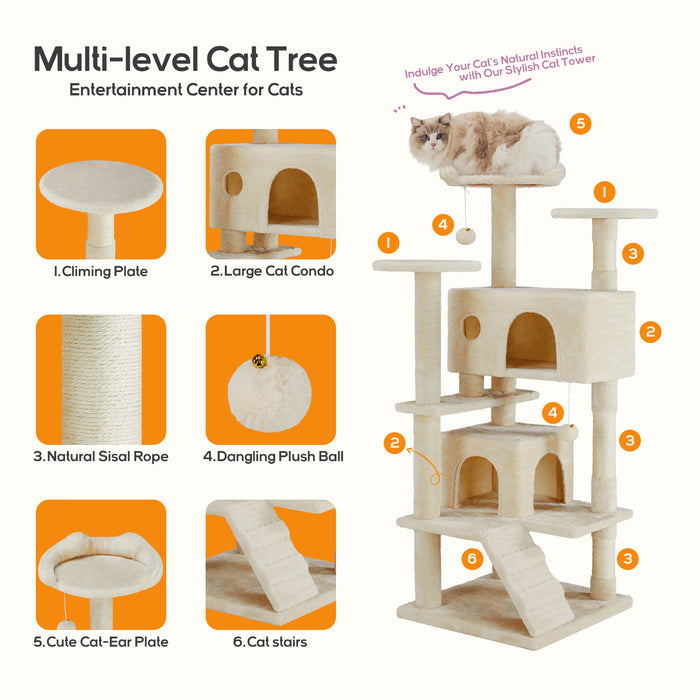 Simenmax Cat Tree, 54-Inch Cat Tower for Indoor Cats with Sisal Scratching Post, Cat Play House, Large Kitty Condo, Plush Multi-Level with Climbing Ladder,Gray
